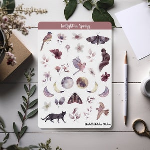Frühlingsdämmerung Stickerbogen mit Mond, Vögeln, Katzen und Blumen in dunklen Pastellfarben - für Planer, Scrapbooking und saisonale Bastelarbeiten 091