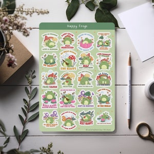 Foglio di adesivi rane retrò con citazioni motivazionali, rospi felici e divertenti - per pianificatori, scrapbooking, diari e artigianato stagionale