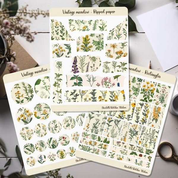 Vintage Meadow Sticker Sheet Set with ripped, circle and rectangle shapes - For Planners, Scrapbooking, Journal and Seasonal Crafts