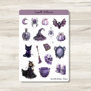 Coquette Halloween sticker sheet with purple witchy designs - for Planners, Scrapbooking and Seasonal Crafts 075