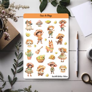 かわいいメキシコの男の子とアボカド、ブジョ、スクラップブッキング、季節の工芸品が描かれたシンコ・デ・マヨのステッカーシート - 085