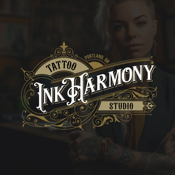 Premade Logo Design, Watermark, Tattoo studio logo, vintage logo, victorian logo, barbershop logo,  old style retro logo, Customizable