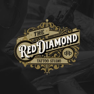 Design del logo preconfezionato, filigrana, logo dello studio di tatuaggi, logo vintage, logo vittoriano, logo del barbiere, logo retrò vecchio stile, personalizzabile