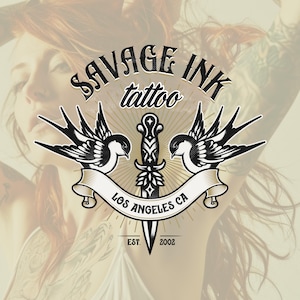 Design del logo predefinito, filigrana, logo dello studio di tatuaggi, logo vintage, logo vittoriano, logo del barbiere, logo retrò vecchio stile, personalizzabile