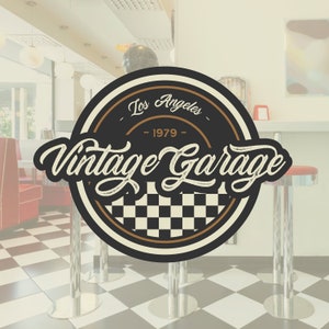 Design del logo preconfezionato, filigrana del negozio di garage vintage, diner americano, ristorante, bar, logo retrò vecchio stile, logo personalizzabile