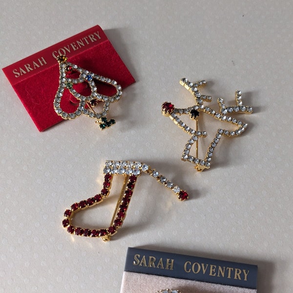 Vintage Sarah Coventry pins- holiday pins- vintage Sarah Coventry jewelry- vintage Christmas pins- rhinestone pins