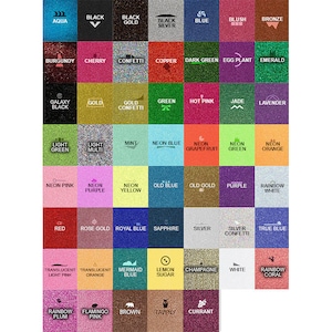 May include: A chart of 42 different glitter colors, each with a name written in white text. The colors include aqua, black, gold, silver, blue, blush, bronze, burgundy, cherry, confetti, copper, dark green, egg plant, emerald, galaxy black, gold confetti, green, hot pink, jade, lavender, light green, light multi, mint, neon blue, neon grapefruit, neon green, neon orange, neon pink, neon purple, neon yellow, old blue, old gold, purple, rainbow white, red, rose gold, royal blue, sapphire, silver confetti, true blue, translucent light pink, translucent orange, mermaid blue, lemon sugar, champagne, white, rainbow plum, flamingo pink, brown, tawny, and currant.