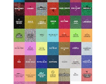 May include: A chart of 42 different glitter colors, each with a name written in white text. The colors include aqua, black, gold, silver, blue, blush, bronze, burgundy, cherry, confetti, copper, dark green, egg plant, emerald, galaxy black, gold confetti, green, hot pink, jade, lavender, light green, light multi, mint, neon blue, neon grapefruit, neon green, neon orange, neon pink, neon purple, neon yellow, old blue, old gold, purple, rainbow white, red, rose gold, royal blue, sapphire, silver confetti, true blue, translucent light pink, translucent orange, mermaid blue, lemon sugar, champagne, white, rainbow plum, flamingo pink, brown, tawny, and currant.