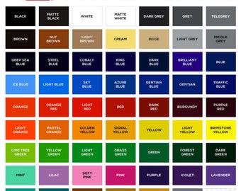 May include: A color chart for Oracal 651 Gloss Adhesive Backed Vinyl. The chart shows a variety of colors, including black, white, grey, brown, blue, red, yellow, green, pink, purple, and orange. The chart is labeled with the name of each color and the color number.