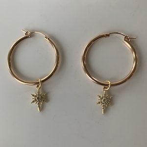 Gold Filled Hoop Earrings Cubic Zirconia North Star Charm, Dangle Earrings Modern Jewelry, Golden Thick Huggie Earrings Charm