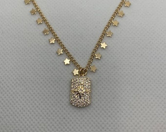 18 kt goudgevulde sterchoker| Gouden sterketting| Gouden ster choker| Gouden choker met sterhanger| Met goud gevulde choker met sterren