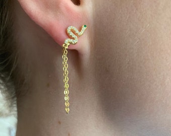 Gold Snake earrings|  Dainty Chain Earrings| Gold drop earrings| Dangle Earrings| Chain Stud earring| Snake sterling silver gold plated|