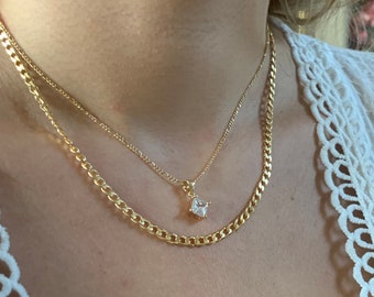 18k Gold-filled cuban link necklace| Gold necklace set| Dainty figaro necklace with cz charm| Gold filled chain set| Gold Layering chain