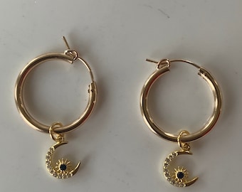 Sun and Moon Gold filled Dangle Charm Hoop Earrings, Minimalist Boho Cubic Zirconia Drop Charm Huggies Earrings for Her