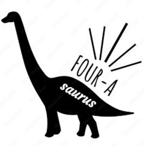 May include: Black silhouette of a dinosaur with the text "FOUR-A saurus" in white with a sunburst behind the text.