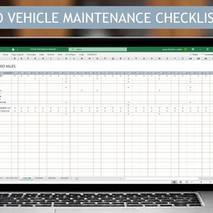 May include: A laptop computer displaying a spreadsheet with the title "Auto Vehicle Maintenance Checklist" and the text "FIRST 100,000 MILES". The spreadsheet is a template for tracking vehicle maintenance.