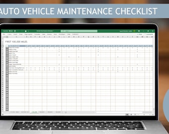 May include: A laptop computer displaying a spreadsheet with the title "Auto Vehicle Maintenance Checklist" and the text "FIRST 100,000 MILES". The spreadsheet is a template for tracking vehicle maintenance.