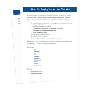 Used Car Buying Inspection Checklist Template (Instant Download)