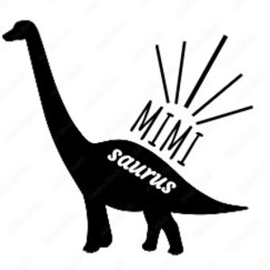 May include: Black silhouette of a long-necked dinosaur with the word "Mimi" and "saurus" written below it. The word "Mimi" is surrounded by a sunburst.
