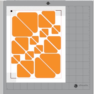 May include: A digital design featuring a geometric pattern of orange shapes on a white background. The design is made up of squares, triangles, and rectangles.