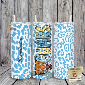 Jaguar Tumbler, Blue and Gold, Personalized Tumbler with Straw and Rubber Bottom, 20oz sublimation tumbler, Light Blue and Yellow Jaguars
