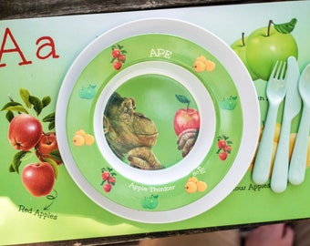 APE Kids Plate, Bowl, Placemat & 3 Piece Set. Meet Apple Thinker -Kids Tableware, Colorful Dishes, Educational Dinnerware for Children