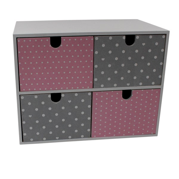 Mini wooden chest of drawers, dots, heart, pink, grey, white, individual