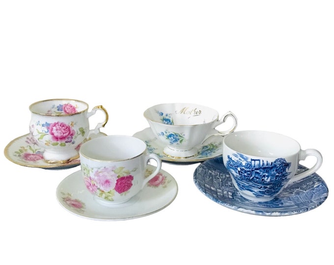 Mismatched vintage Tea Cups & Saucers, English Fine Bone china floral Tea Party set of 4