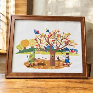 vintage crewel needlepoint cross stitch MCM framed hunting and flying a kite scene 11”x14”