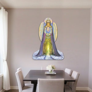 May include: A painting of an angel with a crown and wings, holding a glowing orb. The angel is standing in a forest with a path leading to a bright light. The painting is in a light blue, purple, and yellow color scheme.