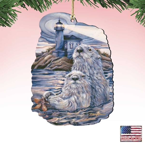 Christmas Wood Ornaments - Starlight Otter Lighthouse Wooden Ornaments by Jody Bergsma - Log Cabin Decor - Housewarming Gift - 8591572-JB