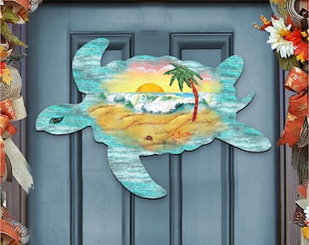 Coastal Wooden Sea Turtle Door Hanger - Beach Wall Art with Sunrise Ocean Waves - Lake House Decor 8198518H