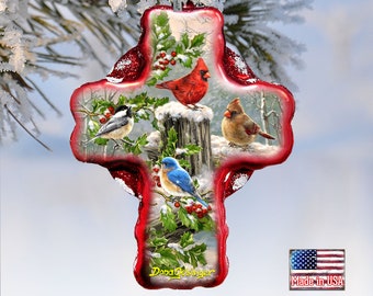 Glass Cross Ornament - Red Cardinal Tree Ornaments - Cardinal Bird Design - Winter Cardinals Art by Dona Gelsinger -  758-010DG