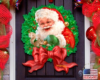 Holiday Wood Decor - Santa Bow Wreath Art by Dona Gelsinger - Christmas Wall Sign - Santa Clause Door Hanger - Holiday Sign - 8461014H-1309