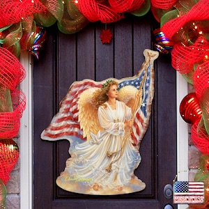 Patriotic Wood Decor - American Freedom Angel Wall and Door Hanger - Dona Gelsinger Art - Housewarming Gift - Home Decor - 8461021H-0107