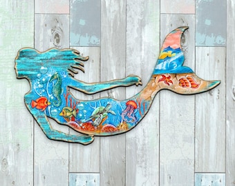 Rustic Coastal Mermaid art - Coastal OUTDOOR Decor - Handcrafted Wooden Beach Home Decor - Lake House Wooden Wall Hanger - 81985142F