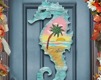 Coastal Wooden Seahorse Door Hanger – Nautical Beach House Wall Decor – Rustic Coastal Door Sign – Housewarming Gift – Ocean Art – 8198517H