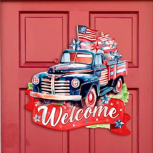 American Car Front Door Welcome Sign - Red White and Blue Patriotic Wreath - United We Stand - Front Porch Decor - 933108H