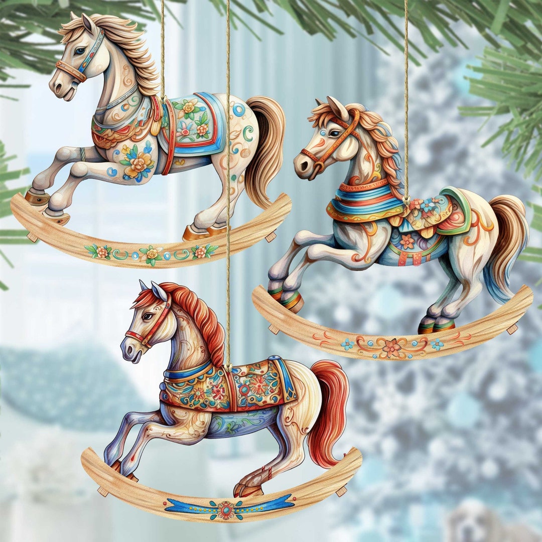 Set of Three Rocking Horse Ornament Wooden Christmas Decor - 8100196S3 ...