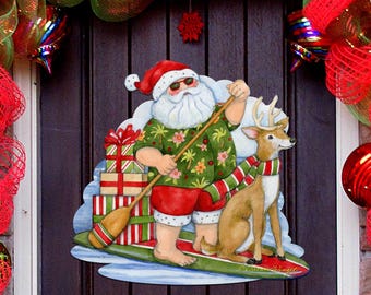 Paddleboarding Santa - Coastal Santa Door Hanger - Beach House Wall Sign - Housewarming Gift - Handcrafted 8471114H-SW