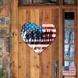 American Flag Patriotic Decor - 4th of July Veterans Sign - USA Military Heart Door Hanger - Americana Wall Art - 8187130H