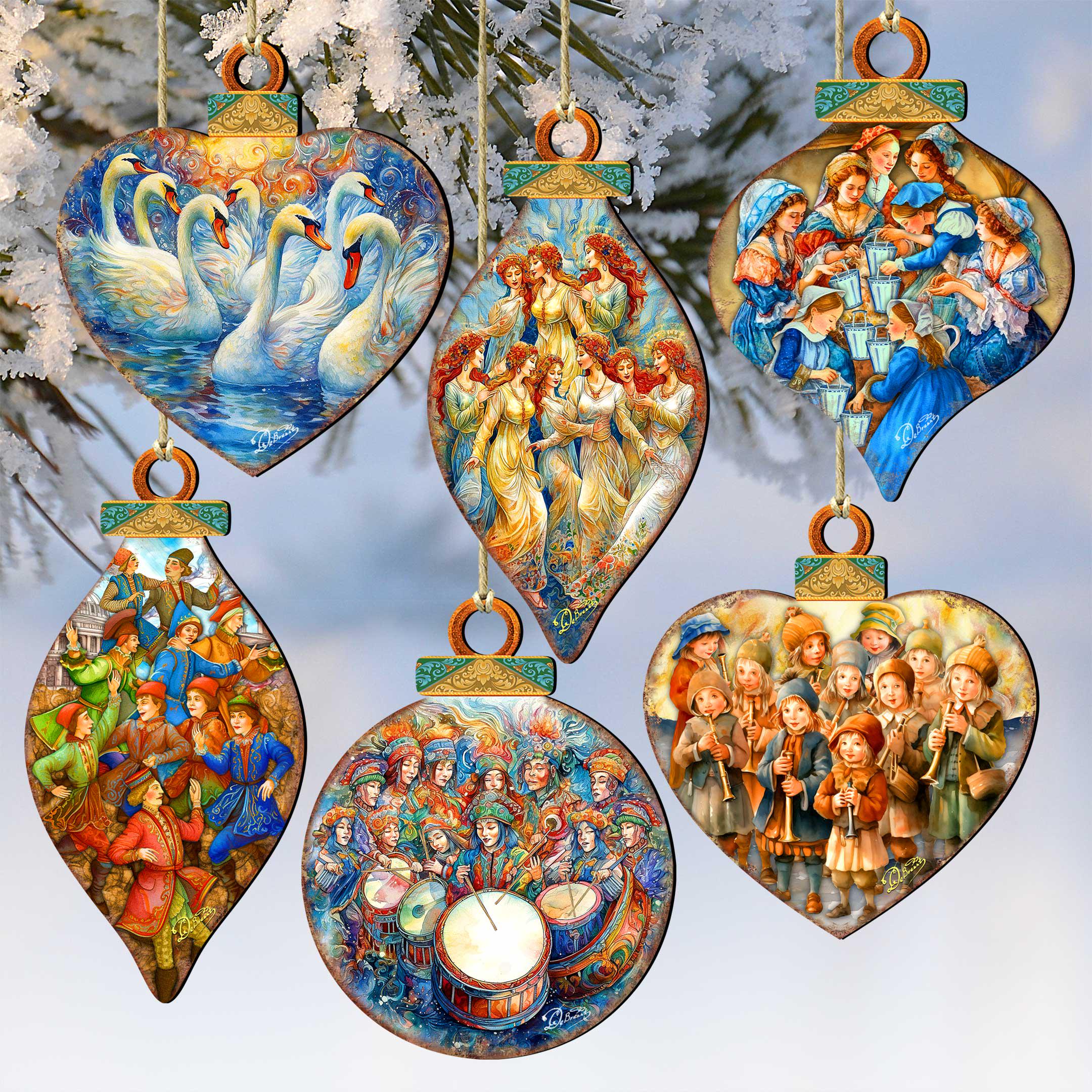 Twelve Days of Christmas Wooden Ornaments Set of 12 by G. Debrekht