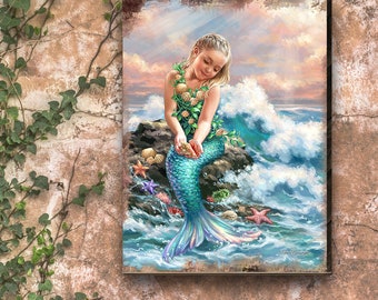 Mermaid Wall Art | Nursery  Decor | Print on Wood Wall Art | Replica from Painting by Dona Gelsinger | Princess of The Sea 95652