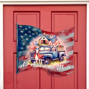 Patriotic American Car Flag Welcome Sign - Front Porch Wreath for Main Entrance - 4th of July Handcrafted Door Hanger 933109H