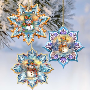 Snowman and Snowflake Set of 3 Ornaments - Christmas Decoration - Snowy Holiday Decor - Holiday Tree Eco Wood Decoration Art by GDeBrekht