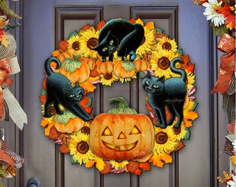 Sale!! Limited Time Offer - Halloween Cat Wreath  - Fall Wooden Door Hanger and Wall Art by Laura Seeley - Holiday Wall Decor -  8611019H