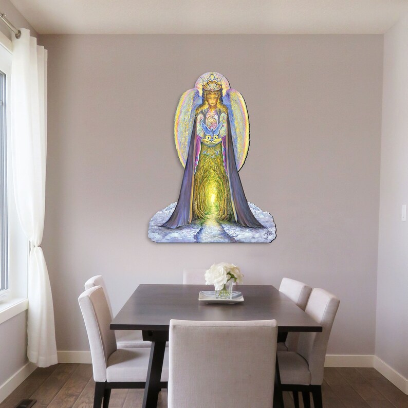 May include: A painting of an angel with a crown and wings, holding a glowing orb. The angel is standing in a forest with a path leading to a bright light. The painting is in a light blue, purple, and yellow color scheme.