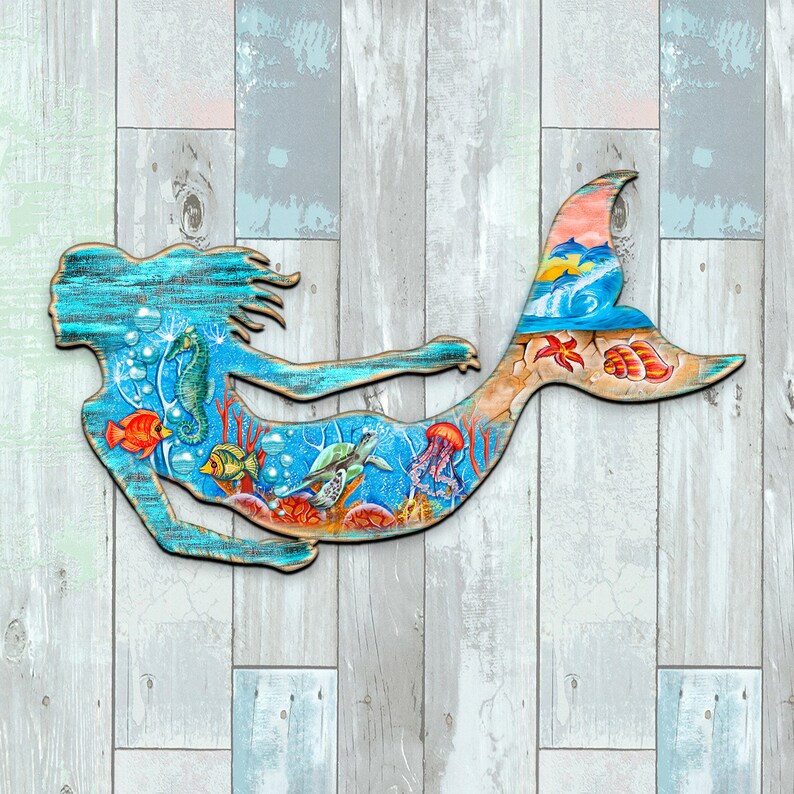 Mermaid Decor Wood Mermaid Wall Hanging Rustic Coastal Etsy
