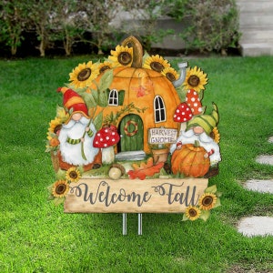 Garden Stake Fall Decoration - Gnomes Welcome Yard Sign - Fall Garden Decor - Autumn Front Yard Design - Thanksgiving Party Sign 8471209M-SW