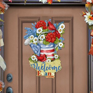 Personalized Door Sign - Patriotic Wooden Decor - American Watering Can - Family Name Welcome Design - Flowerpot Wall Design - 8471212HC-SW